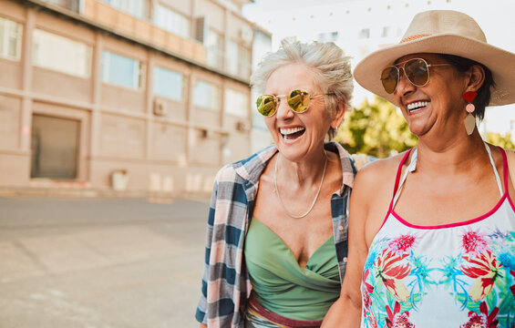 Friends, Elderly Women And Travel, Adventure In City And Happiness, Freedom Outdoor With Laughter. Happy, Retirement And Vacation In California, Urban And Smile With Fashion, Sunglasses And Mockup