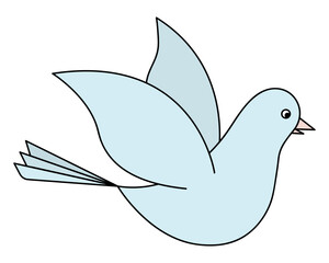 Dove. The blue bird flaps its wings. Pigeon is a symbol of peace. Color vector illustration. The bird is flying into the sky. Isolated background. Cartoon style. Idea for web design, invitations