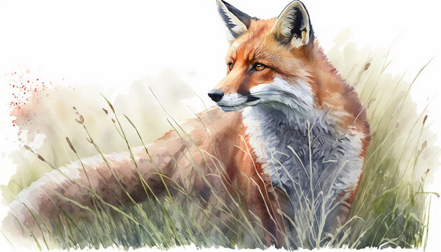 Watercolor painting of a red fox on a grassy field. Generative AI.