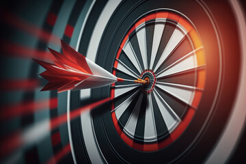 Dart board and arrow in middle. Business and success concept. Achievement and target theme. Orange sun light effect. High contrast tone Generative AI