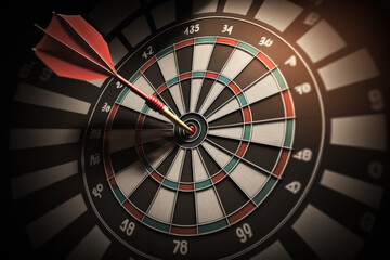 Dart board and arrow in middle. Business and success concept. Achievement and target theme. Orange sun light effect. High contrast tone Generative AI