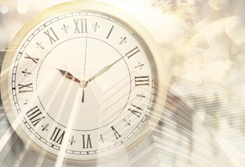 Time related concepts. Multiple exposure of clock, office buildings, sky and people