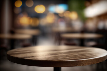 Obraz na płótnie Canvas Empty wooden table top with lights bokeh on blur cafe restaurant background.Generative AI