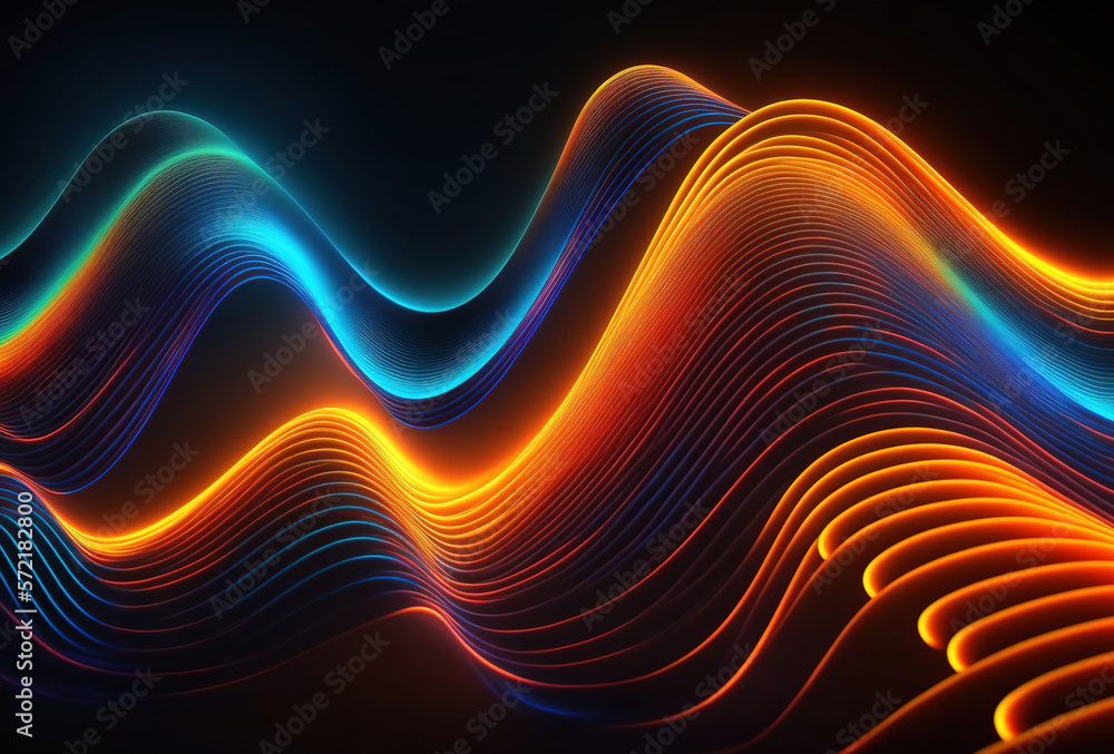 Poster neon colored waves on a dark background. abstract glowing spectrum lines. psychedelic aesthetic. 3d 