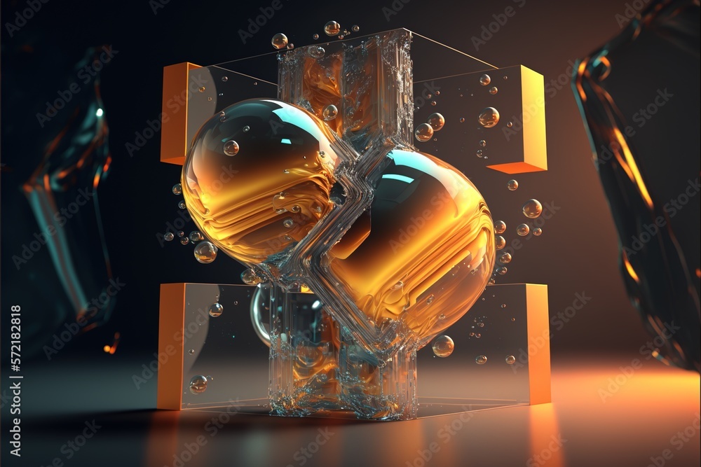 Poster simple glass figures. frozen multicolored liquid. gradient light. luxurious abstract background. 3d 