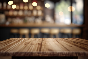 Empty wooden table top with lights bokeh on blur cafe restaurant background.Generative AI