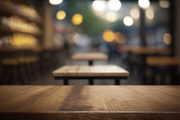 Empty wooden table top with lights bokeh on blur cafe restaurant background.Generative AI