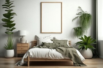 Bedroom interior with a wooden vertical frame poster mockup on a white wall, green pillows on the bed, and plants. AI-generated in 3D style.