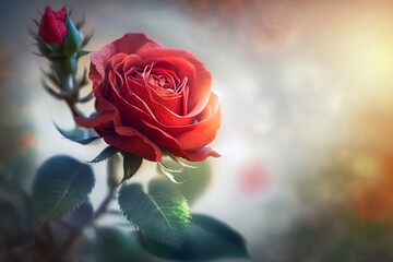 Red rose close up. Rose blooming in the garden, copy space. Springtime. Generative AI