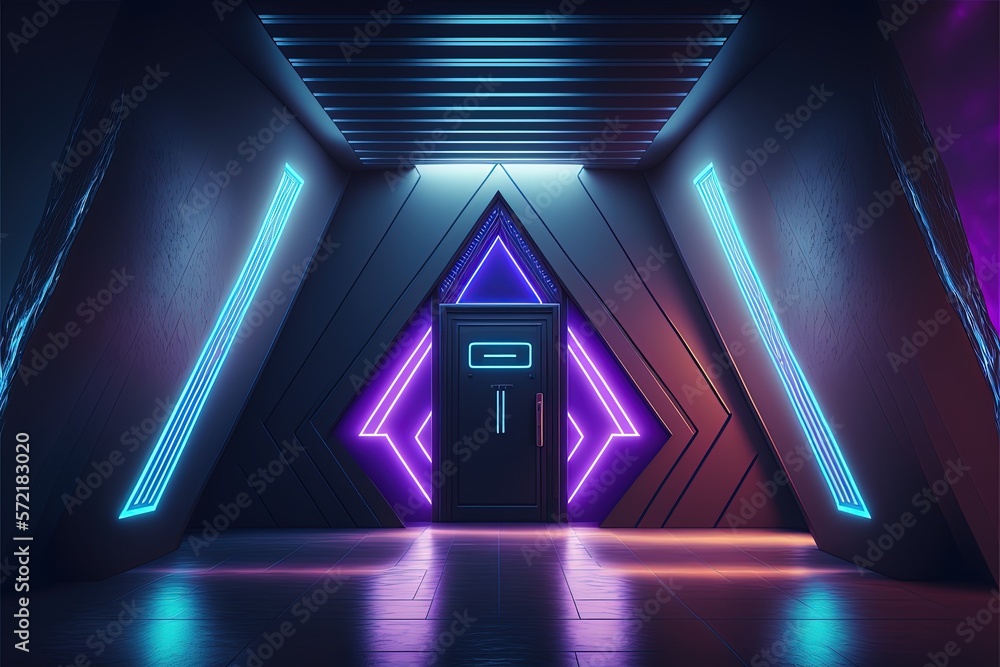 Poster a fantastic neon tunnel, the corridor of a spaceship. immersion in virtual reality, artificial intel