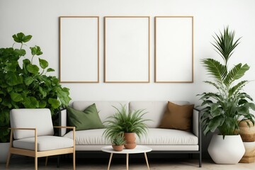 Living room interior with three wooden vertical frames poster mockup, white wall, sofa, and green plants. AI-generated in 3D style.