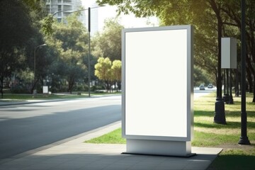 Empty poster mockup of billboard at city street, with park, nature and road in the background. AI-generated.