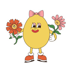 Fototapeta premium Retro groovy easter eggs. Stickers in trendy retro 60s 70s cartoon style. Vector illustration in yellow, red colors.