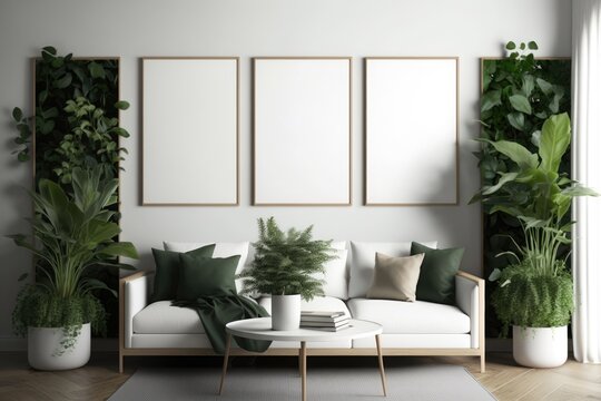 Living Room Interior With Set Of Three Wooden Vertical Frames Poster Mockup, White Wall, Sofa, And Green Plants. AI-generated In 3D Style.
