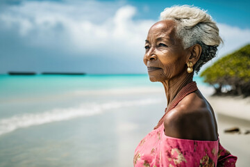 Elderly woman, on the beach looking towards the sea. Generative AI. - obrazy, fototapety, plakaty