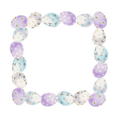 Watercolor hand drawn Easter celebration clipart. Border frame of eggs, bows, green leaves, bunnies. Pastel color. Isolated on white background. For invitations, gifts, greeting cards, print, textile