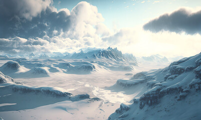 impressive snowy landscape from the top of the mountains, bluish sky and amazing view of a valley in winter, created with Generative AI technology