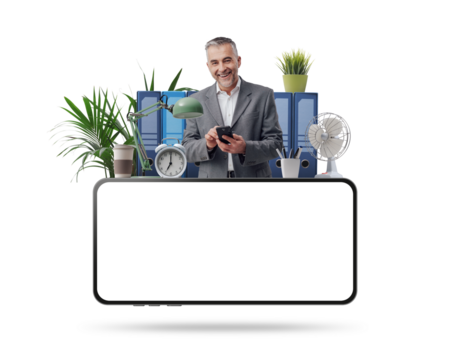 Smiling businessman and blank smartphone