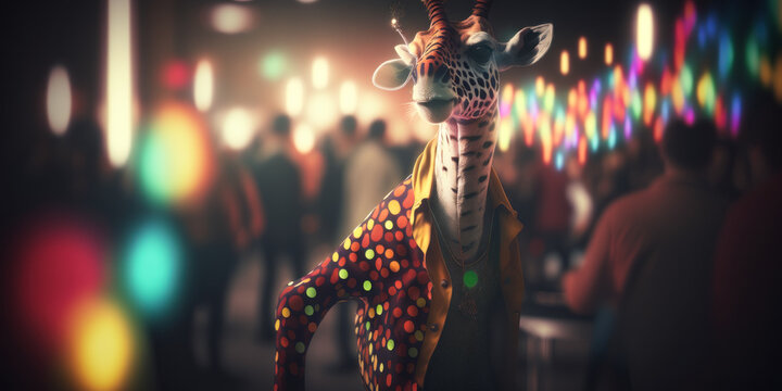 a dancing giraffe wearing disco clothes from the eighties, Generative AI