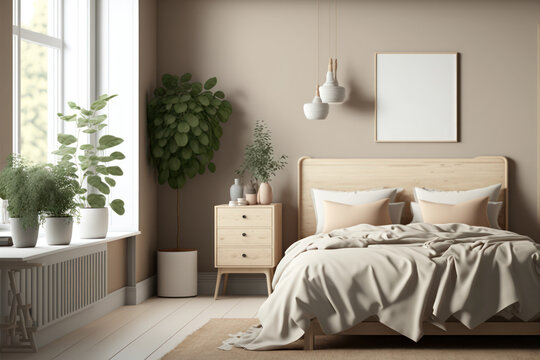 cozy scandinavian style bedroom with natural wood furniture, Generative AI