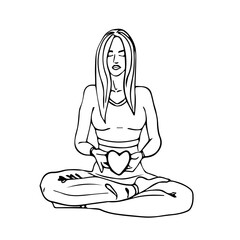 A woman in the lotus position meditates. Illustration of the asana. Illustration of a woman doing yoga with long hair in a tracksuit