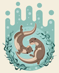 sea otter floating on water with kelp forest vector illustration