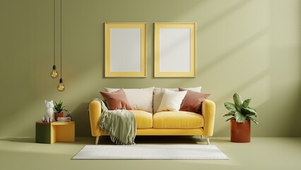 Mockup two poster frame with yellow sofa on empty dark green color wall background.