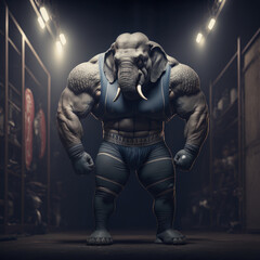 muscular elephant wearing a sportsuit at the gym, generative ai