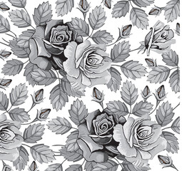 Beautiful blooming realistic isolated pattern Roses flowers. Vintage background fabric wildflowers. Wallpaper baroque. Drawing engraving sketch Vector victorian style illustration