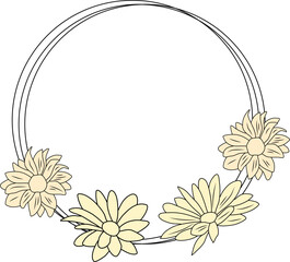 Round frame with chrysanthemum flowers. Vector frame with chrysanthemums. Chrysanthemum flowers are gold. Round frame with flowers.