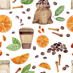 Watercolor hand drawn seamless pattern with coffee cups, beans, leaves, orange, croissant, dishes. Isolated on white background. For invitations, cafe, restaurant food menu, print, website, cards
