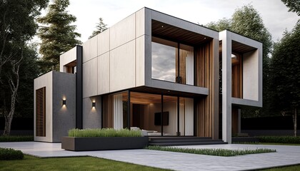Modern Stucco and Wood Clad House. Generative ai