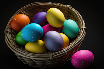 Naklejka na ściany i meble Colorful easter eggs in a basket, Generative AI