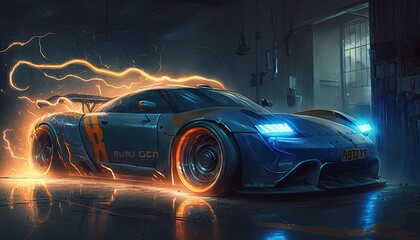 Side view of a generic blue-grey sports car with orange highlights parked on a turntable in an industrial building. Generative ai