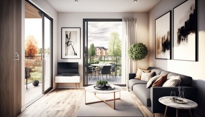 Fototapeta na wymiar Stylish show home living room of a contemporary apartment with open sliding doors onto a balcony. Generative ai