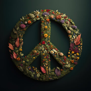 a peace sign made out of flowers on black background, Generative AI