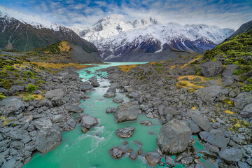 River flowing from a snow-capped mountain, Mount Sefton Aoraki Mount Cook National Park South Island New Zealand 