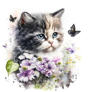 a drawing of a cat between spring flowers watching a butterfly, Generative AI