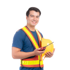 Portrait young architect man engineering holding yellow helmet and megaphone in hand , He standing arms crossed isolated on white background with copy space