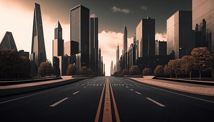 Fototapeta premium Empty asphalt road of a modern city with skyscrapers. Generative ai