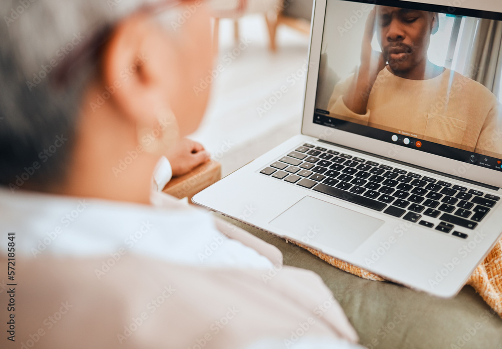 Wall mural Depression, laptop and video call with mental health and people in virtual counseling consultation with doctor and patient. Psychologist, stress headache and trauma with anxiety, support and trust