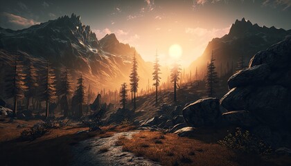 Beautiful Mountains Landscape With Sunset Wallpaper Generated AI HD 4K