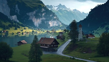 Fototapeta na wymiar Switzerland Landscape Wallpaper Generated AI HD 4K