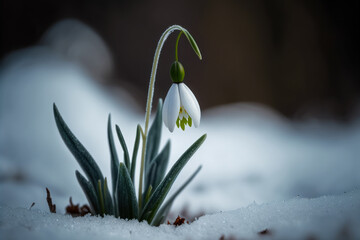 snow-drop flower in the snow, Generative AI