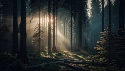 Fototapeten Forest Landscape With Sunrise Morning Foggy Weather Wallpaper Generated AI HD 4K © Fauzan