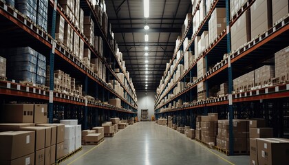 Huge distribution warehouse with high shelves. Generative ai - obrazy, fototapety, plakaty