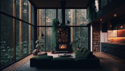 Living room in the forest. Generative ai