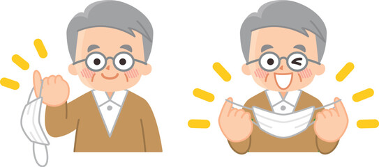 笑顔でマスクを外す高齢男性