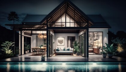 Fototapeta na wymiar Luxury Interior and an exterior design pool villa with a living room at night. Generative ai