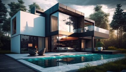 Modern house with pool. Generative ai